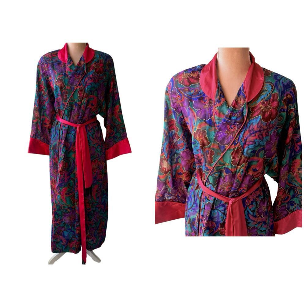 Vtg Victorias Secret Gold Label Paisley Long Robe Pink Satin Trim Fringe Glam S